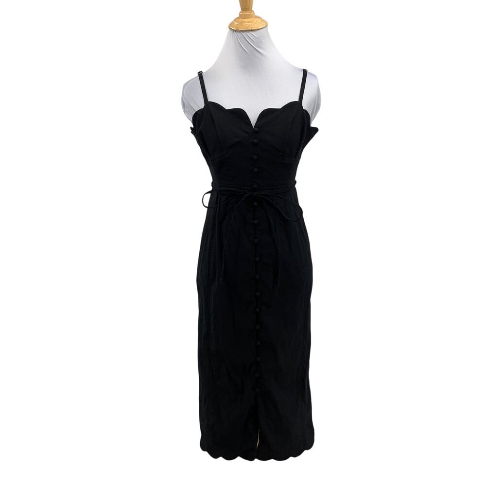Anthropologie Dress Womens 2 Black Slim Scalloped Front Slit Corset Linen Blend
